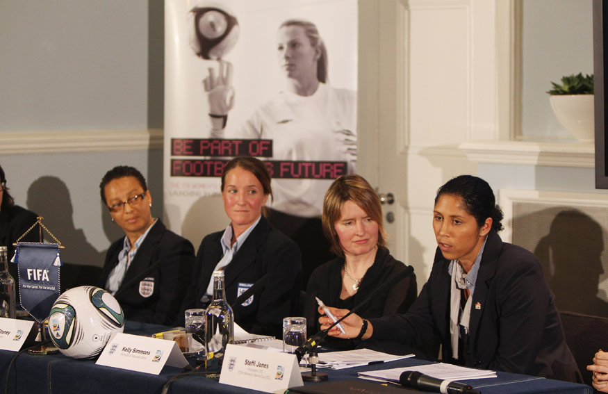 (left-right) Hope Powell, Casey Stoney, Kelly Simmons and Steffi Jones in discussion at the Andaz Hotel, London.